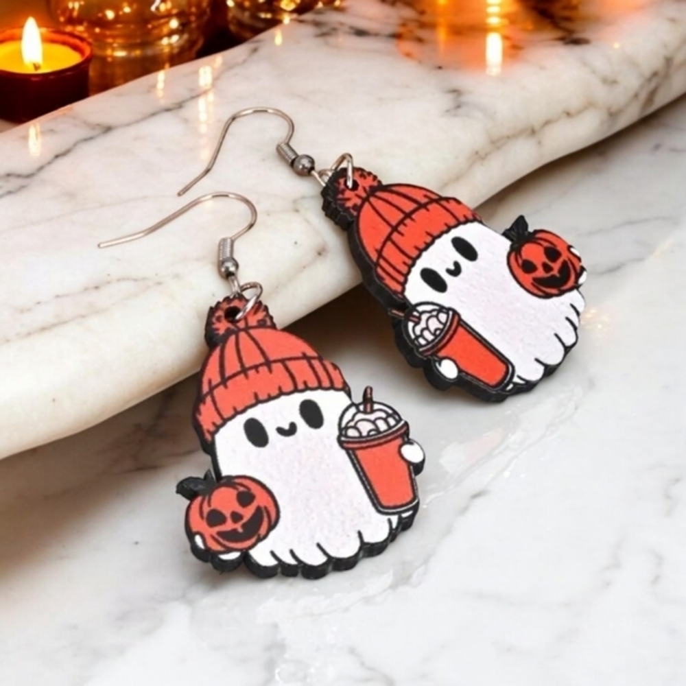 Cozy‎ Ghost Pumpkin Latte Earrings Halloween Fall Dangle Cute Spooky
